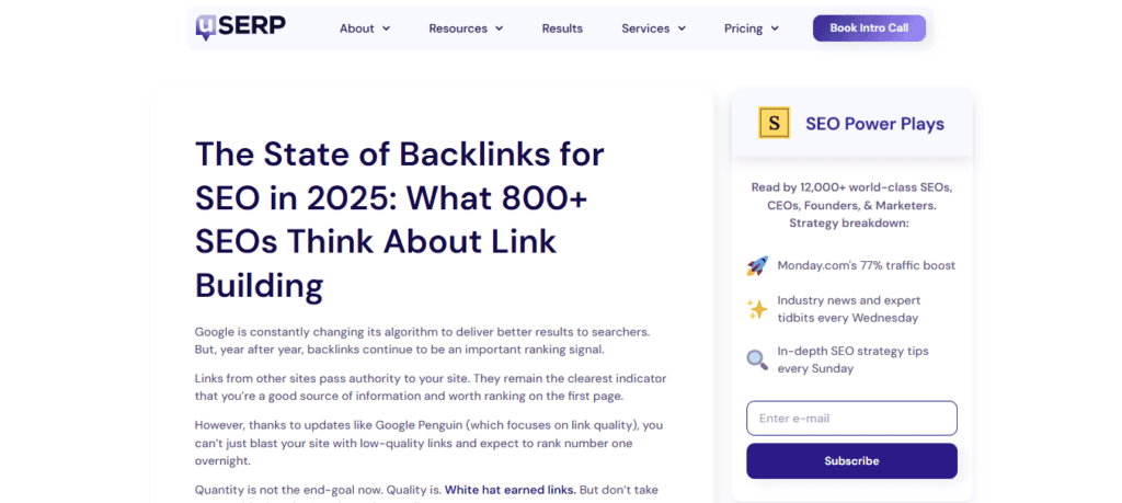 Original research example uSERP’s State of Backlinks for SEO in 2025 report: Original research + stats in one lead magnet