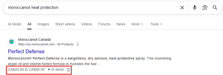 How a product’s price appears in search results