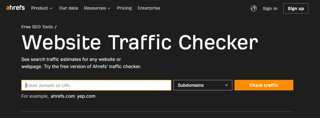 Screenshot of Ahref’s website traffic checker.