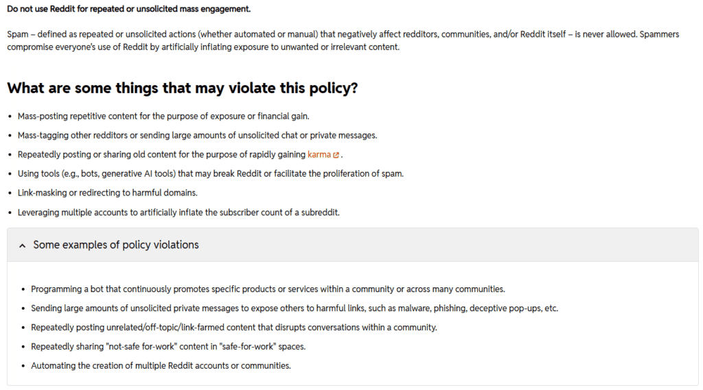 Reddit’s spam guidelines