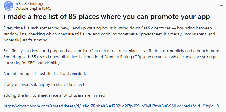 Reddit post with a link placed naturally at the end