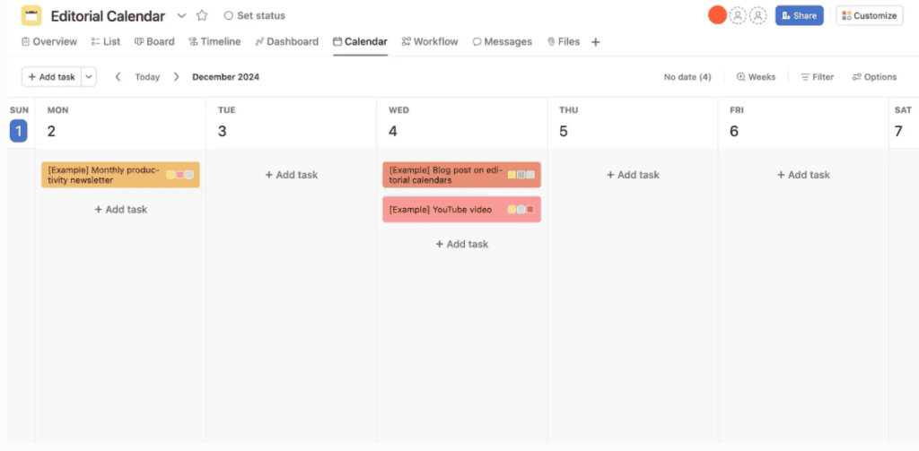 Editorial calendar example.