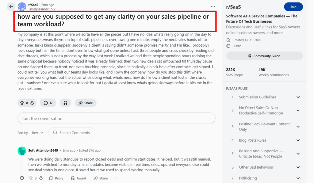 An example of pulling SaaS audience research on Reddit.