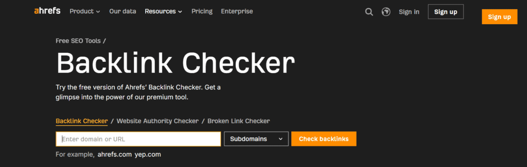 Ahrefs Free Backlink Checker Homepage Screenshot